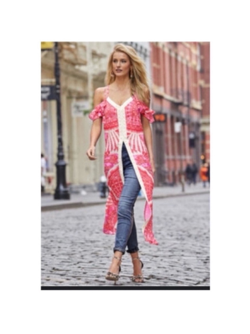 Venus cold shoulder printed lace high slit tunic dress strappy lightweight